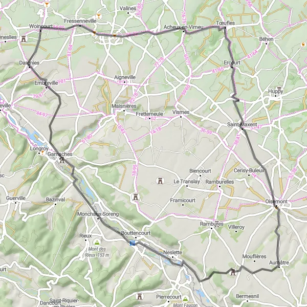 Map miniature of "The Road to Adventure" cycling inspiration in Picardie, France. Generated by Tarmacs.app cycling route planner