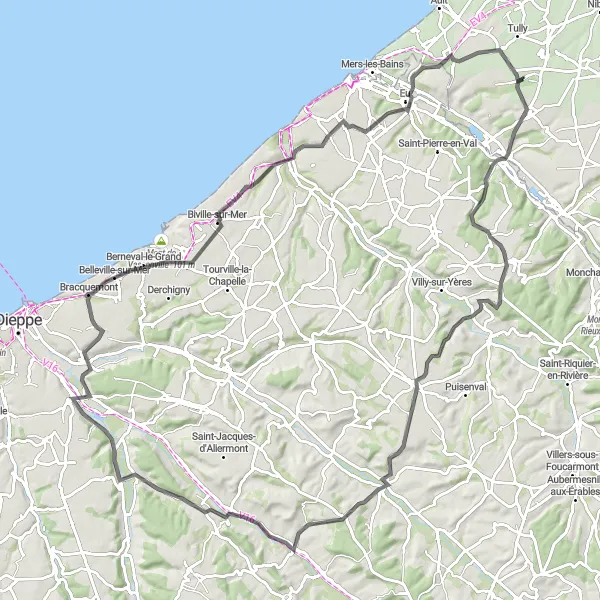 Map miniature of "Coastal Delights" cycling inspiration in Picardie, France. Generated by Tarmacs.app cycling route planner