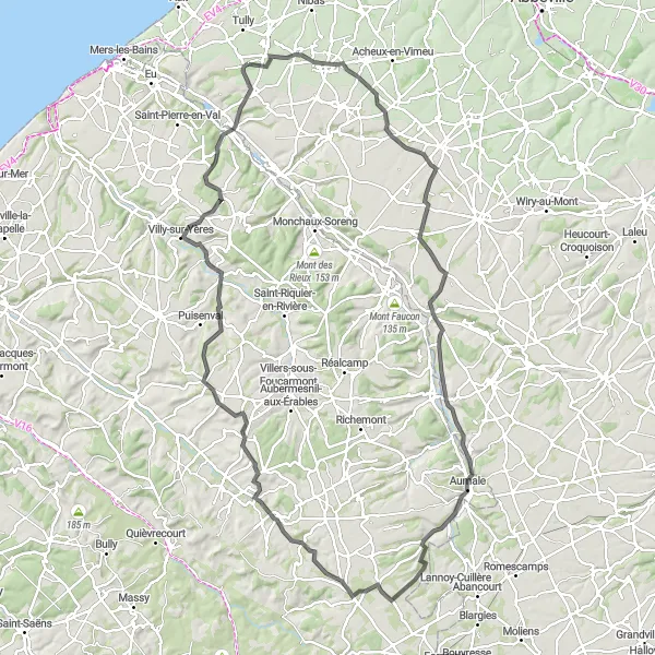 Miniature de la carte de l'inspiration cycliste "Randonnée vers Aumale et Yzengremer" dans la Picardie, France. Générée par le planificateur d'itinéraire cycliste Tarmacs.app
