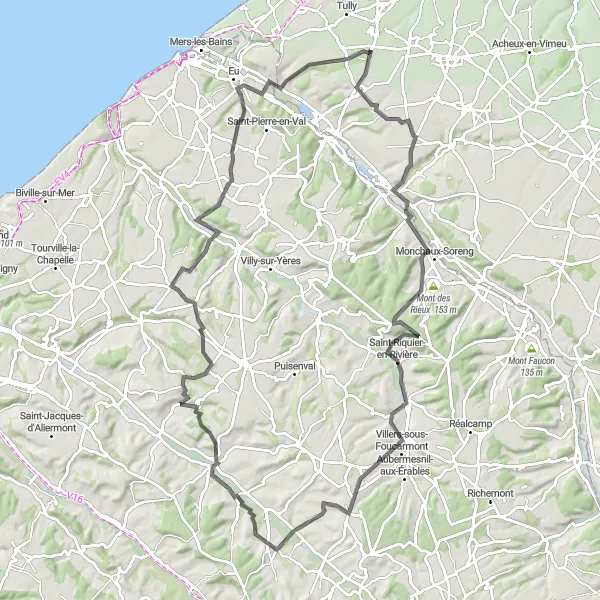 Miniature de la carte de l'inspiration cycliste "Boucle Routière au Départ de Woincourt" dans la Picardie, France. Générée par le planificateur d'itinéraire cycliste Tarmacs.app