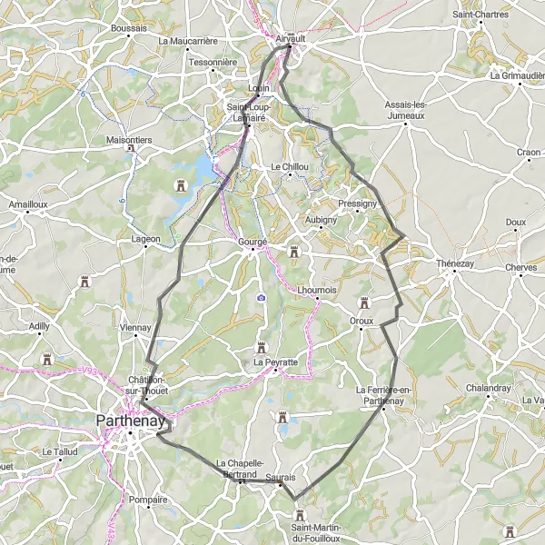 Map miniature of "The Châtillon-sur-Thouet Ride" cycling inspiration in Poitou-Charentes, France. Generated by Tarmacs.app cycling route planner