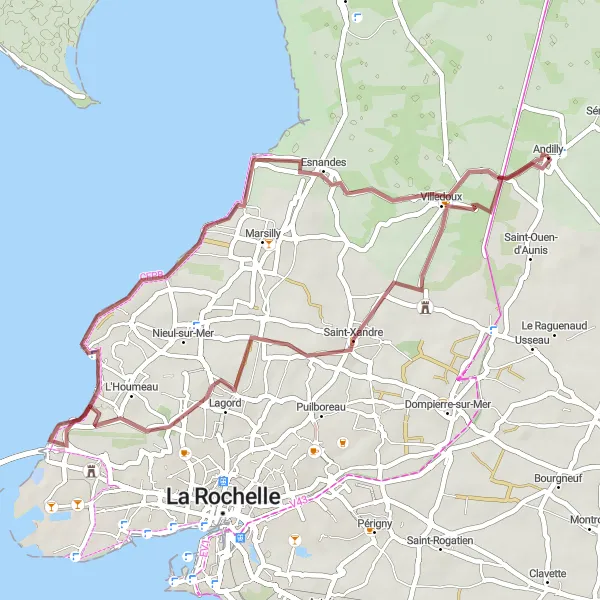 Miniature de la carte de l'inspiration cycliste "Parcours gravel entre Saint-Xandre et Lagord" dans la Poitou-Charentes, France. Générée par le planificateur d'itinéraire cycliste Tarmacs.app