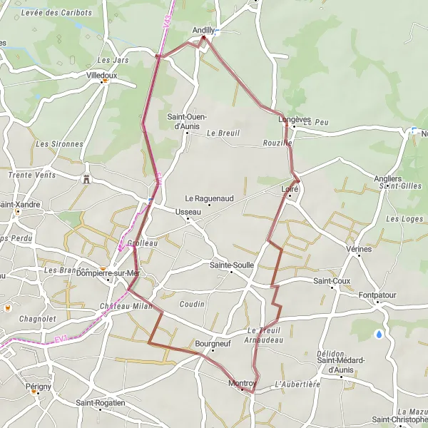 Miniature de la carte de l'inspiration cycliste "Boucle gravel à travers Montroy" dans la Poitou-Charentes, France. Générée par le planificateur d'itinéraire cycliste Tarmacs.app