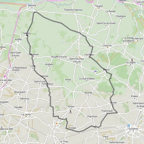 Miniature de la carte de l'inspiration cycliste "Tour à travers Benon et Vouhé" dans la Poitou-Charentes, France. Générée par le planificateur d'itinéraire cycliste Tarmacs.app