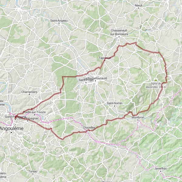 Map miniature of "Gravel Adventure in Montbron" cycling inspiration in Poitou-Charentes, France. Generated by Tarmacs.app cycling route planner