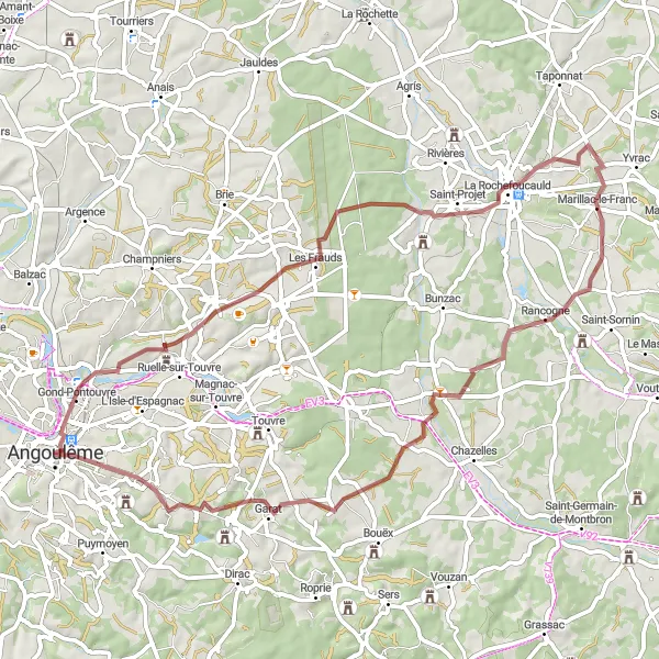 Map miniature of "Ride through the Countryside of Charente" cycling inspiration in Poitou-Charentes, France. Generated by Tarmacs.app cycling route planner