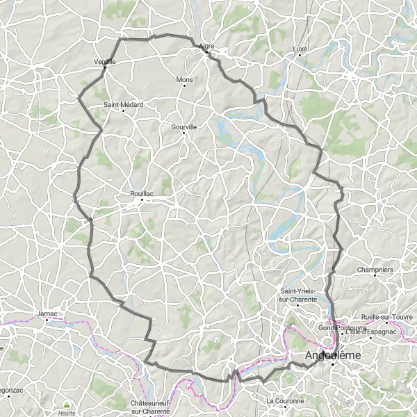 Map miniature of "Exploring the Charente Countryside" cycling inspiration in Poitou-Charentes, France. Generated by Tarmacs.app cycling route planner