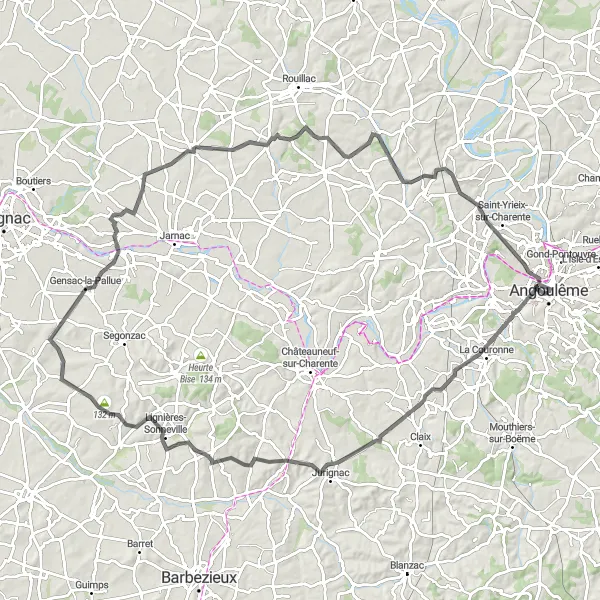 Miniature de la carte de l'inspiration cycliste "Boucle pittoresque d'Angoulême" dans la Poitou-Charentes, France. Générée par le planificateur d'itinéraire cycliste Tarmacs.app