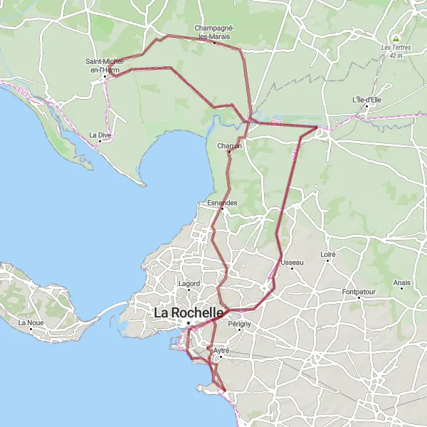 Miniature de la carte de l'inspiration cycliste "Le grand tour de la côte atlantique" dans la Poitou-Charentes, France. Générée par le planificateur d'itinéraire cycliste Tarmacs.app