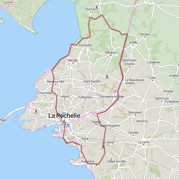 Map miniature of "Coastal Gravel Discoveries from Aytré to Mouillepied" cycling inspiration in Poitou-Charentes, France. Generated by Tarmacs.app cycling route planner