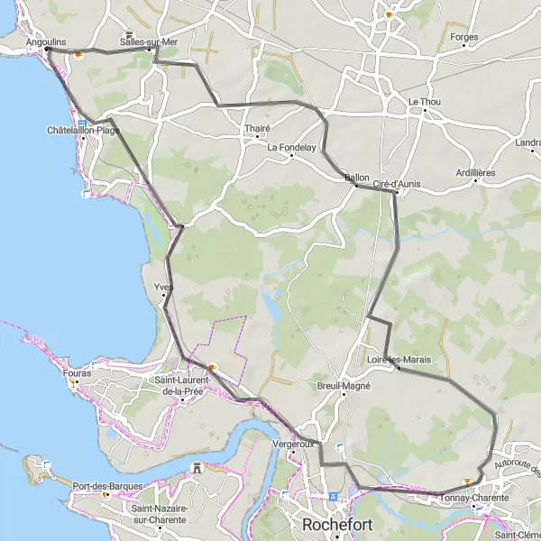 Map miniature of "Salles-sur-Mer to Châtelaillon-Plage" cycling inspiration in Poitou-Charentes, France. Generated by Tarmacs.app cycling route planner