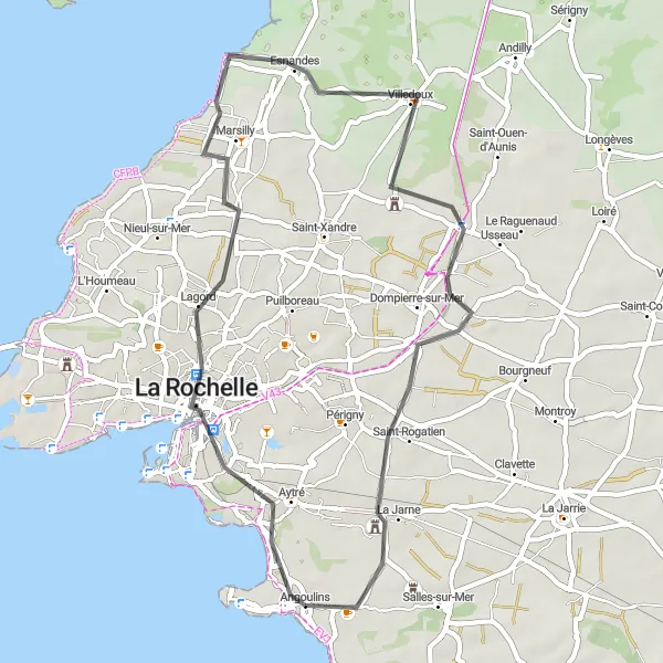 Miniature de la carte de l'inspiration cycliste "La Rochelle et ses environs" dans la Poitou-Charentes, France. Générée par le planificateur d'itinéraire cycliste Tarmacs.app