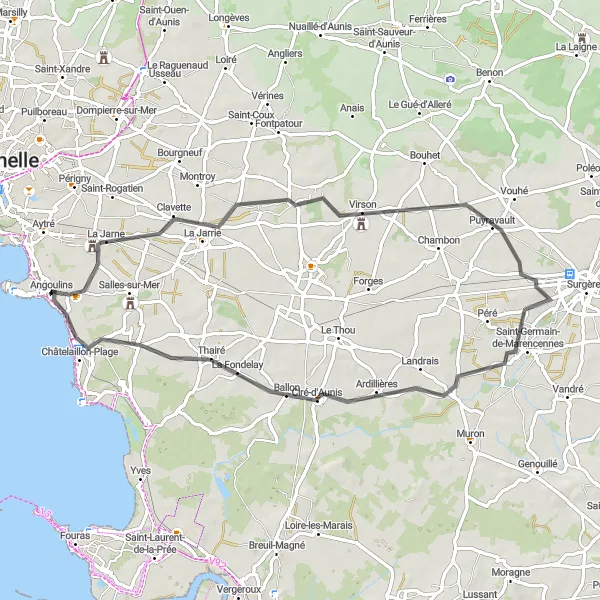Miniature de la carte de l'inspiration cycliste "Tour de la Côte de Beauté" dans la Poitou-Charentes, France. Générée par le planificateur d'itinéraire cycliste Tarmacs.app