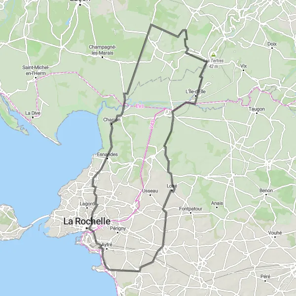 Miniature de la carte de l'inspiration cycliste "Tour de La Rochelle et ses environs" dans la Poitou-Charentes, France. Générée par le planificateur d'itinéraire cycliste Tarmacs.app