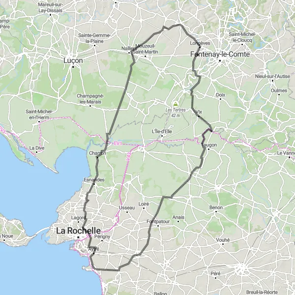 Miniature de la carte de l'inspiration cycliste "La Route des Marais" dans la Poitou-Charentes, France. Générée par le planificateur d'itinéraire cycliste Tarmacs.app