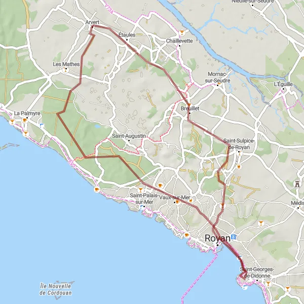 Map miniature of "Exploring Saint-Sulpice-de-Royan on Gravel" cycling inspiration in Poitou-Charentes, France. Generated by Tarmacs.app cycling route planner