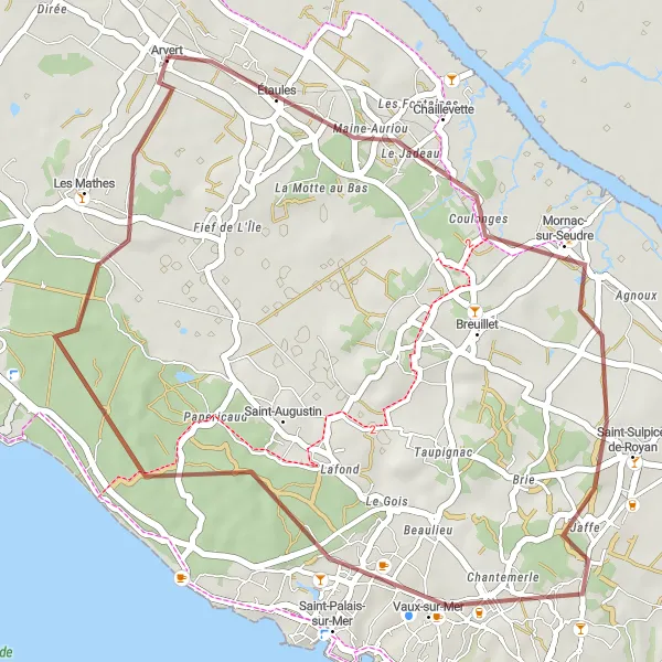 Map miniature of "Mornac-sur-Seudre Gravel Adventure" cycling inspiration in Poitou-Charentes, France. Generated by Tarmacs.app cycling route planner