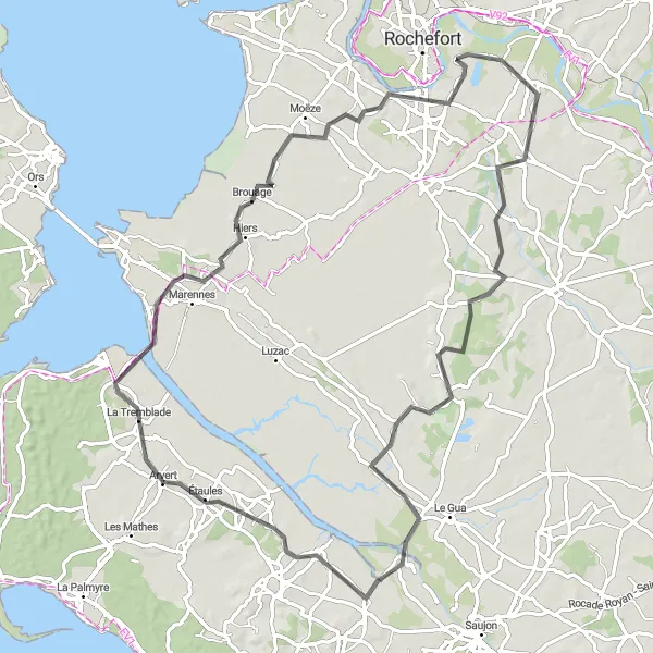 Miniature de la carte de l'inspiration cycliste "Circuit de La Tremblade et Nieulle-sur-Seudre" dans la Poitou-Charentes, France. Générée par le planificateur d'itinéraire cycliste Tarmacs.app