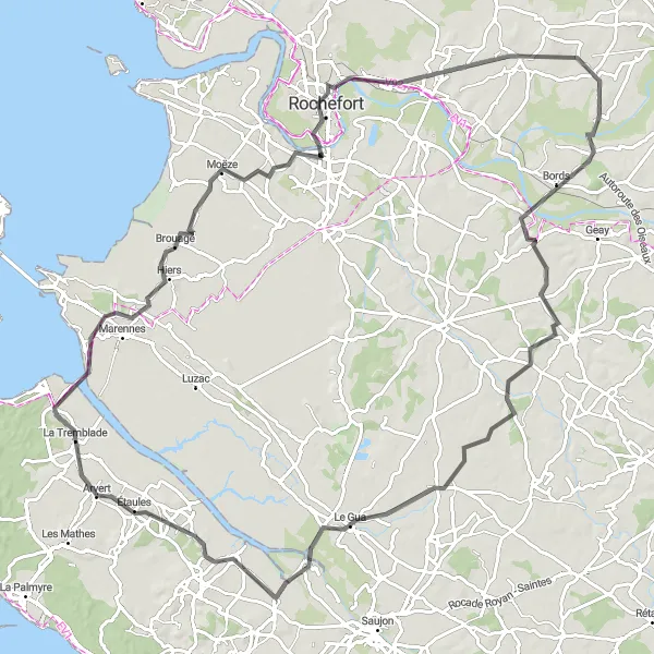 Miniature de la carte de l'inspiration cycliste "Tour de Charente-Maritime" dans la Poitou-Charentes, France. Générée par le planificateur d'itinéraire cycliste Tarmacs.app