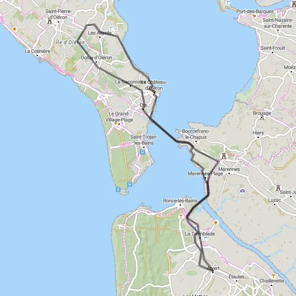 Map miniature of "Coastal Exploration: Bourcefranc-le-Chapus to Dolus-d'Oléron" cycling inspiration in Poitou-Charentes, France. Generated by Tarmacs.app cycling route planner