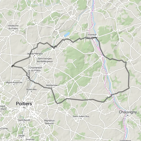 Map miniature of "Road Route: Avanton to Bignoux" cycling inspiration in Poitou-Charentes, France. Generated by Tarmacs.app cycling route planner