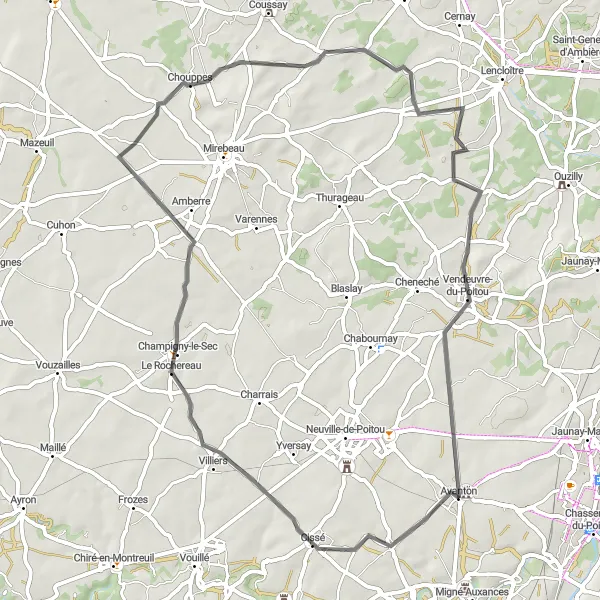Map miniature of "Scenic Road Ride through Chouppes" cycling inspiration in Poitou-Charentes, France. Generated by Tarmacs.app cycling route planner