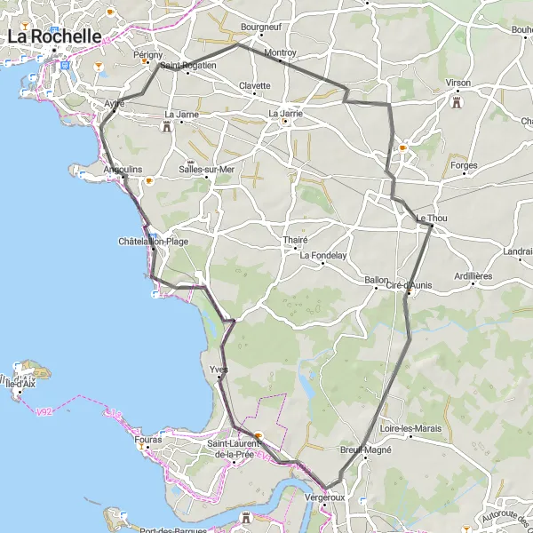 Map miniature of "Coastal Ride to Châtelaillon-Plage" cycling inspiration in Poitou-Charentes, France. Generated by Tarmacs.app cycling route planner