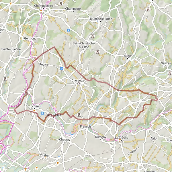 Miniature de la carte de l'inspiration cycliste "Parcours unique près d'Azay-le-Brûlé" dans la Poitou-Charentes, France. Générée par le planificateur d'itinéraire cycliste Tarmacs.app
