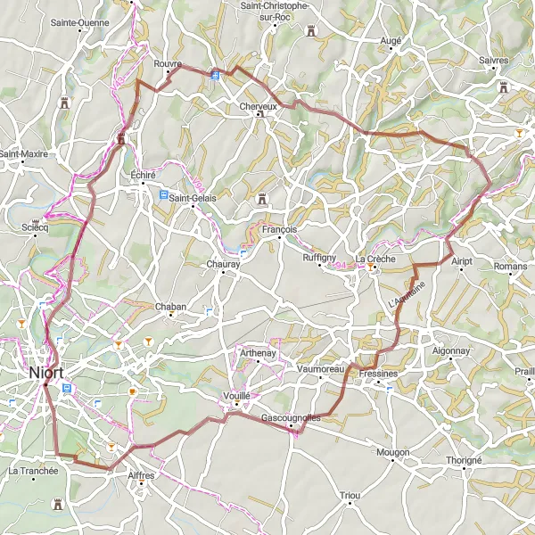 Map miniature of "Azay-le-Brûlé to Sainte-Néomaye Gravel Route" cycling inspiration in Poitou-Charentes, France. Generated by Tarmacs.app cycling route planner