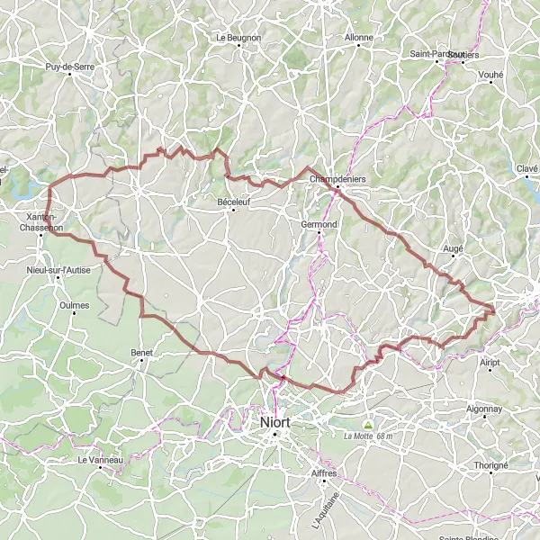 Map miniature of "Azay-le-Brûlé Gravel Adventure" cycling inspiration in Poitou-Charentes, France. Generated by Tarmacs.app cycling route planner