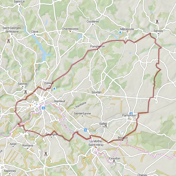 Map miniature of "Azay-le-Brûlé to Exireuil Gravel Route" cycling inspiration in Poitou-Charentes, France. Generated by Tarmacs.app cycling route planner