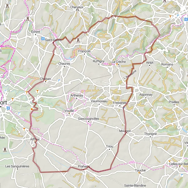 Map miniature of "Short and Sweet Gravel Loop near Azay-le-Brûlé" cycling inspiration in Poitou-Charentes, France. Generated by Tarmacs.app cycling route planner