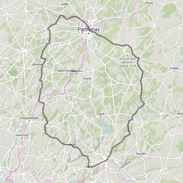 Map miniature of "Azay-le-Brûlé to Augé Road Route" cycling inspiration in Poitou-Charentes, France. Generated by Tarmacs.app cycling route planner