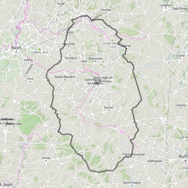 Miniature de la carte de l'inspiration cycliste "Circuit historique autour d'Azay-le-Brûlé" dans la Poitou-Charentes, France. Générée par le planificateur d'itinéraire cycliste Tarmacs.app