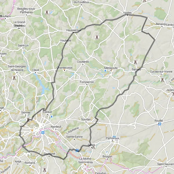 Map miniature of "Azay-le-Brûlé to Vausseroux Road Route" cycling inspiration in Poitou-Charentes, France. Generated by Tarmacs.app cycling route planner