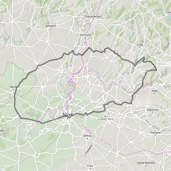 Map miniature of "Scenic Road Cycling Route from Azay-le-Brûlé" cycling inspiration in Poitou-Charentes, France. Generated by Tarmacs.app cycling route planner