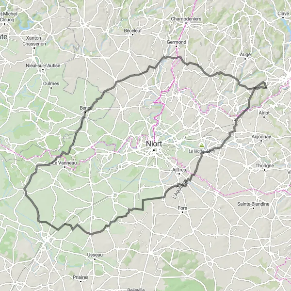 Map miniature of "Road Cycling Paradise near Azay-le-Brûlé" cycling inspiration in Poitou-Charentes, France. Generated by Tarmacs.app cycling route planner