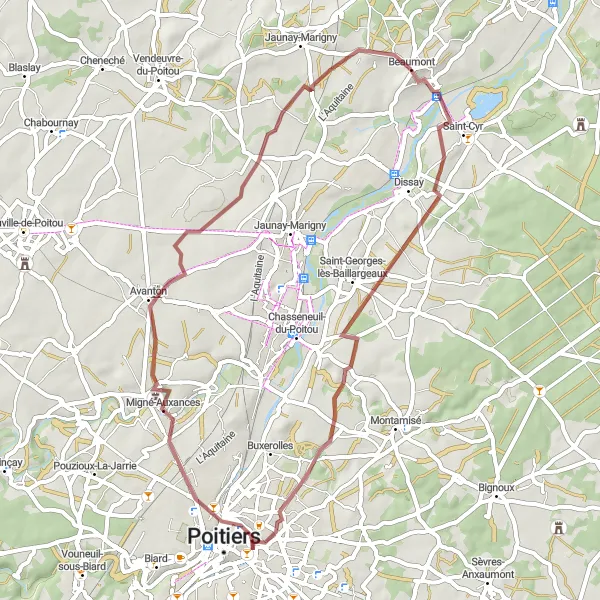 Map miniature of "Gravel Route from Beaumont to Château d'Avanton" cycling inspiration in Poitou-Charentes, France. Generated by Tarmacs.app cycling route planner