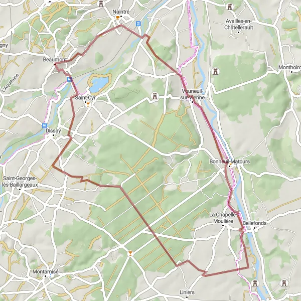 Map miniature of "Vouneuil-sur-Vienne Gravel Loop" cycling inspiration in Poitou-Charentes, France. Generated by Tarmacs.app cycling route planner