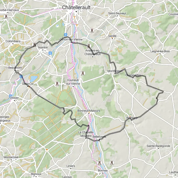 Miniature de la carte de l'inspiration cycliste "Boucle Cycliste Autour de Beaumont" dans la Poitou-Charentes, France. Générée par le planificateur d'itinéraire cycliste Tarmacs.app