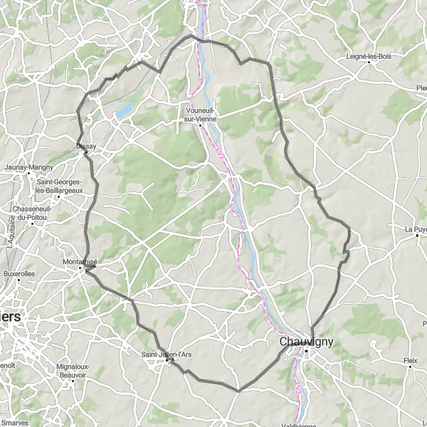 Miniature de la carte de l'inspiration cycliste "Bike Road in Poitou-Charentes" dans la Poitou-Charentes, France. Générée par le planificateur d'itinéraire cycliste Tarmacs.app