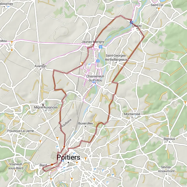 Map miniature of "The Jaunay-Marigny Gravel Ride" cycling inspiration in Poitou-Charentes, France. Generated by Tarmacs.app cycling route planner