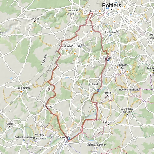 Miniature de la carte de l'inspiration cycliste "Parcours à travers Ligugé et Vivonne" dans la Poitou-Charentes, France. Générée par le planificateur d'itinéraire cycliste Tarmacs.app