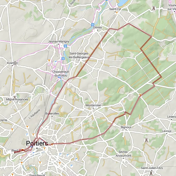 Miniature de la carte de l'inspiration cycliste "Boucle vers Chasseneuil-du-Poitou" dans la Poitou-Charentes, France. Générée par le planificateur d'itinéraire cycliste Tarmacs.app
