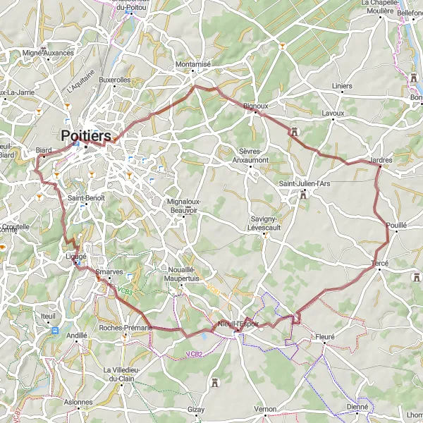 Map miniature of "Gravel Delights: Biard to Nieuil-l'Espoir" cycling inspiration in Poitou-Charentes, France. Generated by Tarmacs.app cycling route planner