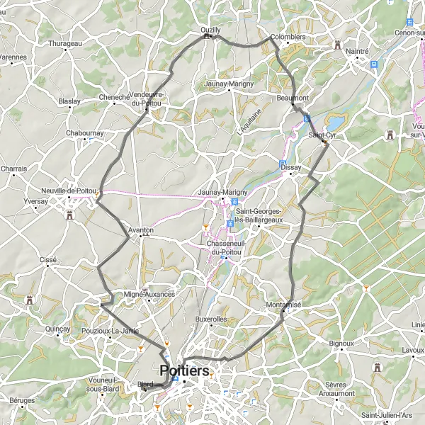 Miniature de la carte de l'inspiration cycliste "Circuit à travers les villages de Bellefois et Saint-Cyr" dans la Poitou-Charentes, France. Générée par le planificateur d'itinéraire cycliste Tarmacs.app