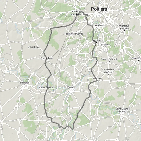 Miniature de la carte de l'inspiration cycliste "Parcours de 75 km à travers la Poitou-Charentes" dans la Poitou-Charentes, France. Générée par le planificateur d'itinéraire cycliste Tarmacs.app