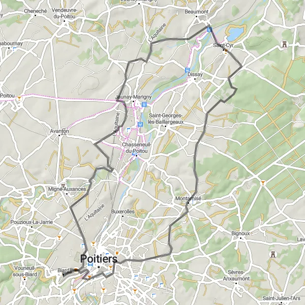 Miniature de la carte de l'inspiration cycliste "Balade pittoresque de 59 km près de Biard" dans la Poitou-Charentes, France. Générée par le planificateur d'itinéraire cycliste Tarmacs.app