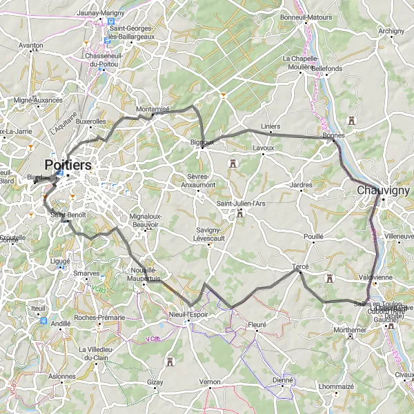 Miniature de la carte de l'inspiration cycliste "Circuit de Biard et ses environs" dans la Poitou-Charentes, France. Générée par le planificateur d'itinéraire cycliste Tarmacs.app