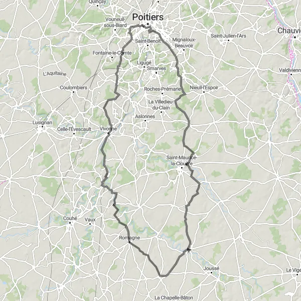 Miniature de la carte de l'inspiration cycliste "Tour cycliste de 108 km près de Poitiers" dans la Poitou-Charentes, France. Générée par le planificateur d'itinéraire cycliste Tarmacs.app